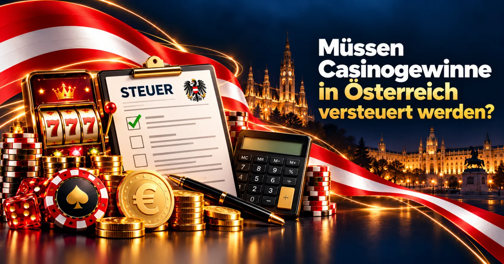 Besteuerung von Casinogewinnen in Österreich mit Steuerformular, Taschenrechner, Spielautomaten und Euro-Münzen.